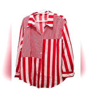 261T524 New Shein Curve Red & White Button-Down Shirt